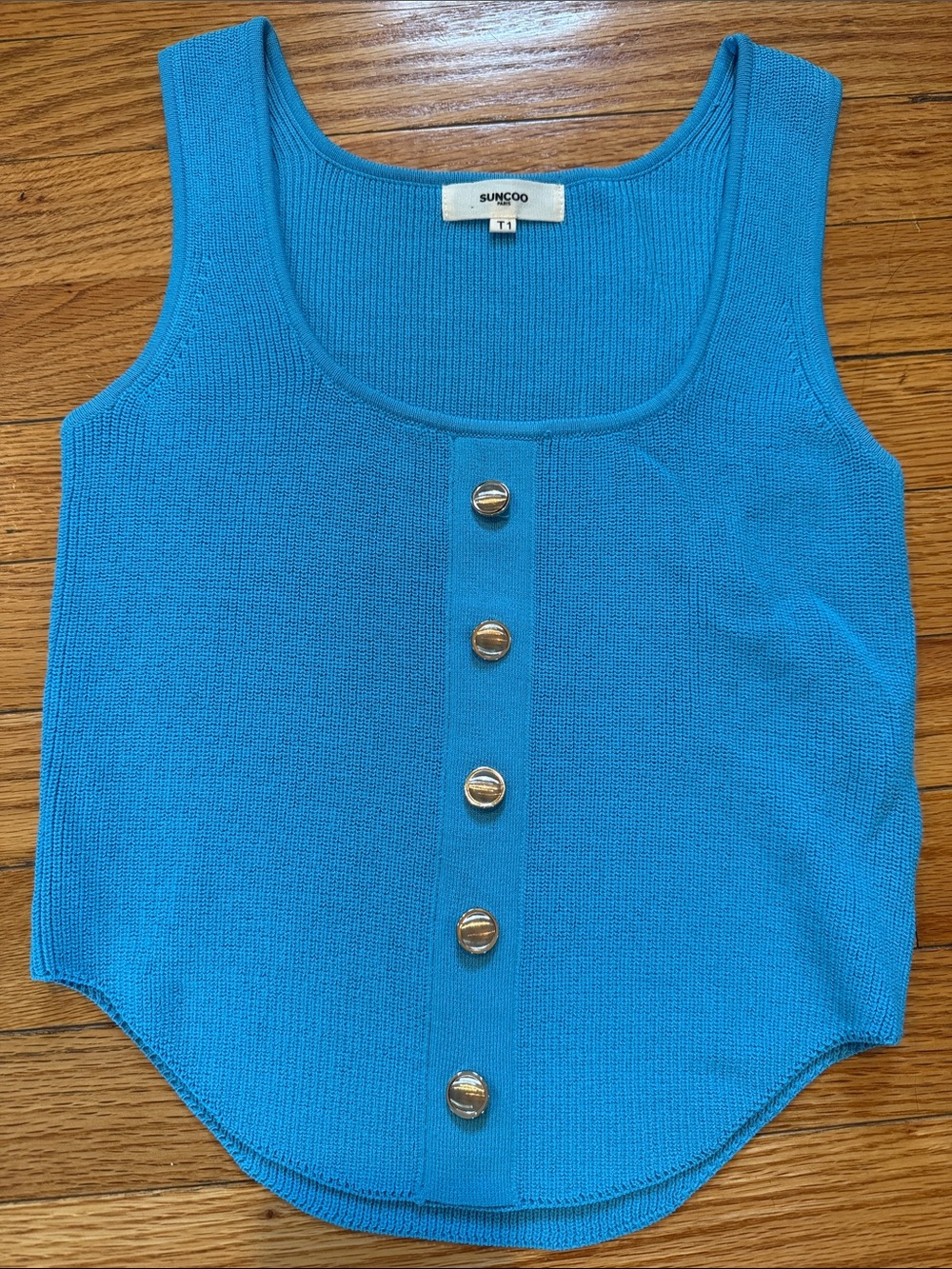 SUNCOO Bright Blue Knit Tank with Gold Buttons